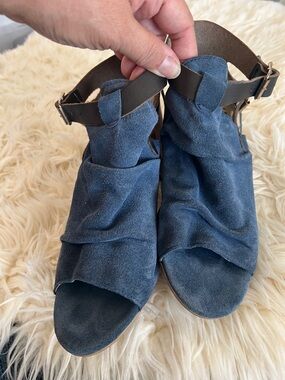 Kentia Navy Suede Peep-Toe Sandals with Brown Ankle Straps